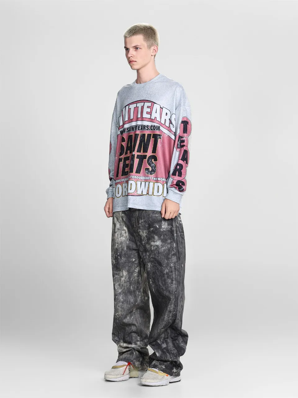 Saint michael tears all-over printed long-sleeved vintage autumn and winter T-shirt Style number: 101 Size: M L XL Wholesale price: 136 Color: floral gray green
